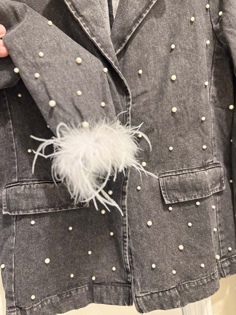 Peach Love California Pearl Embellished Denim Blazer with Feather Cuffs